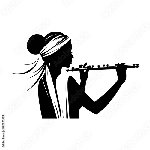 A black and white vector illustration of a seated woman elegantly playing the flute in a peaceful pose on a white background