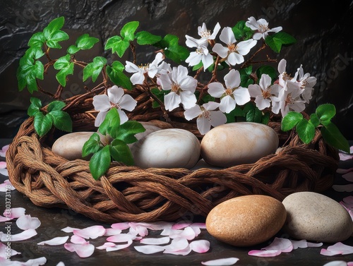A springtime still life showcasing delicate cherry blossom petals, woven ivy, and smooth river stones meticulously arranged to form a