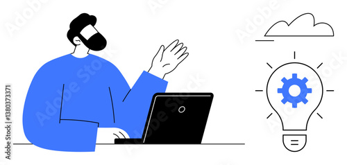 Person waving while seated at a laptop, lightbulb with gear symbol, and cloud image. Ideal for creativity, teamwork, innovation, remote work, technology productivity ideas. Minimalist flat simple