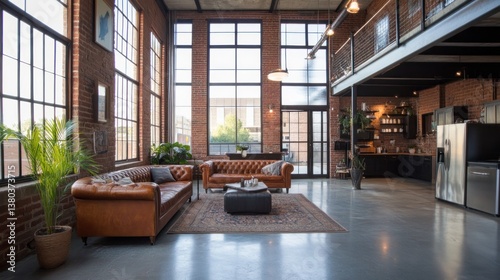 Spacious loft apartment with exposed brick, large windows, leather sofas, and polished concrete floors.  A modern kitchen and mezzanine level are visible