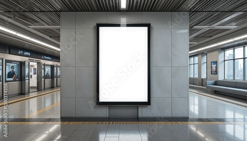 blank Vertical advertising billboard display in modern MRT station. Blank mockup for ads, marketing campaign. Empty digital screen for advertisement. Indoor OOH template, 8k Photo photo