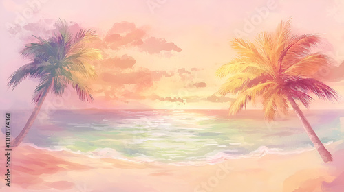 Watercolor Scene of Tropical Island at Sunset