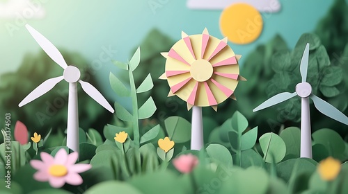 Paper art showcasing vibrant renewable energy with wind turbines photo
