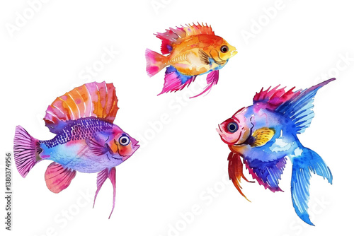 fauna, graceful, beautiful, angelfish, coral, fluid, freshwater, reef, vibrant, fish scale, collection, decorative, eye, watercolor, ocean, background, scales, animal, underwater, colorful, deep sea, 