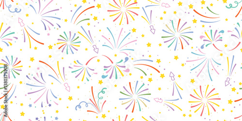 Multicolored salutes, fireworks, poppers and confetti seamless pattern. Festive background with colorful tinsel. Colorful explosions firecracker print for textile, packaging, paper. Vector graphics
