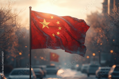 Chinese Flag Waving in Modern Urban Landscape with Parked Cars