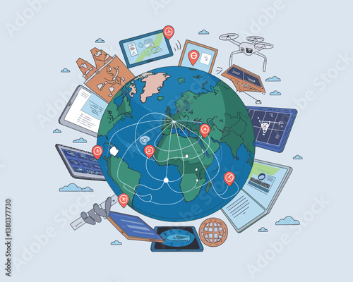 vector illustrative poster that celebrates global communication technology . Showcase a world travel by advanced communication systems.

