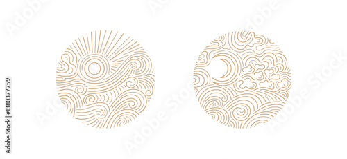 Moon, sun, cloud line. Abstract wave of sea, wind
