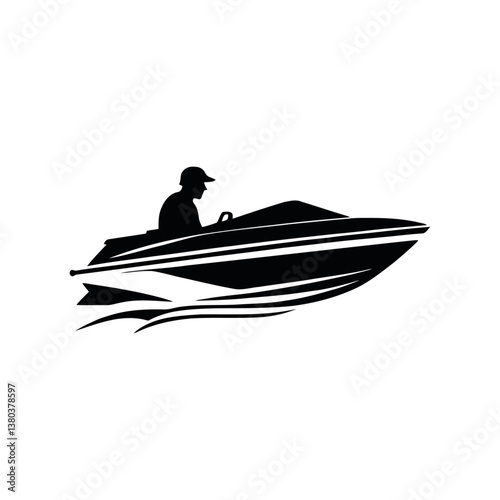 A black and white vector silhouette of a jet boat speeding across the water, leaving a dynamic wake on a white background