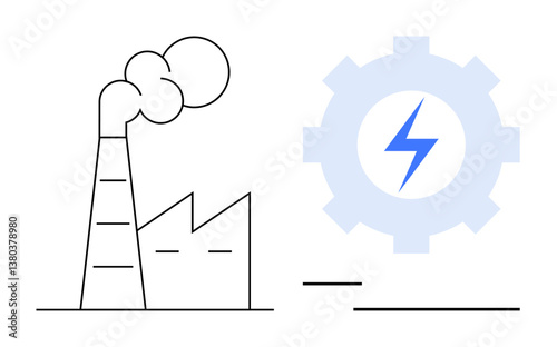 Factory with smoking chimney next to gear icon with lightning bolt indicating industry, energy production, and power generation. Ideal for sustainability, innovation, manufacturing, environmental