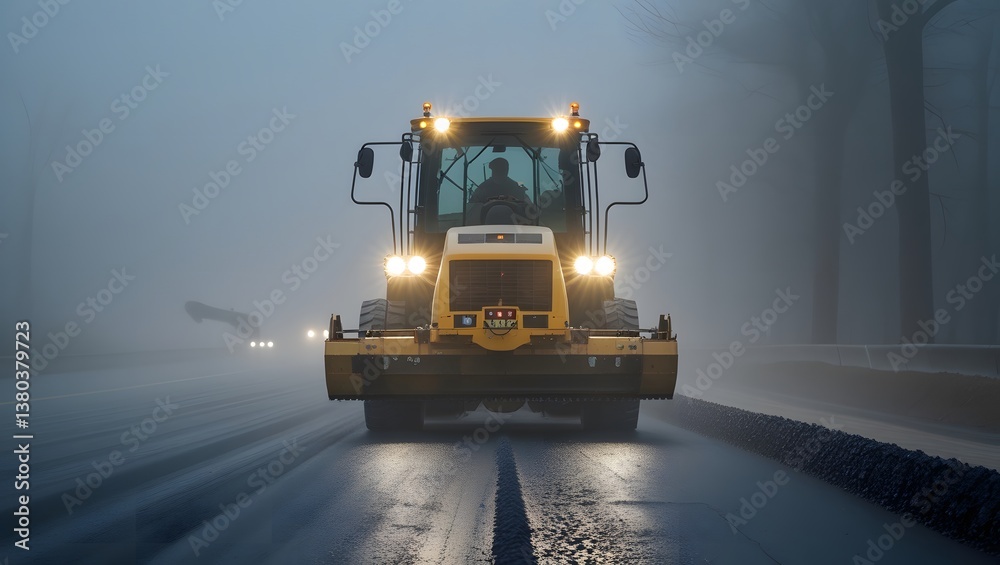 Road Paver Machine Under Foggy Conditions With Headlights Cutting Through Mist Road Paver Machine Under Foggy Conditions With Headlights Cutting Through Mist