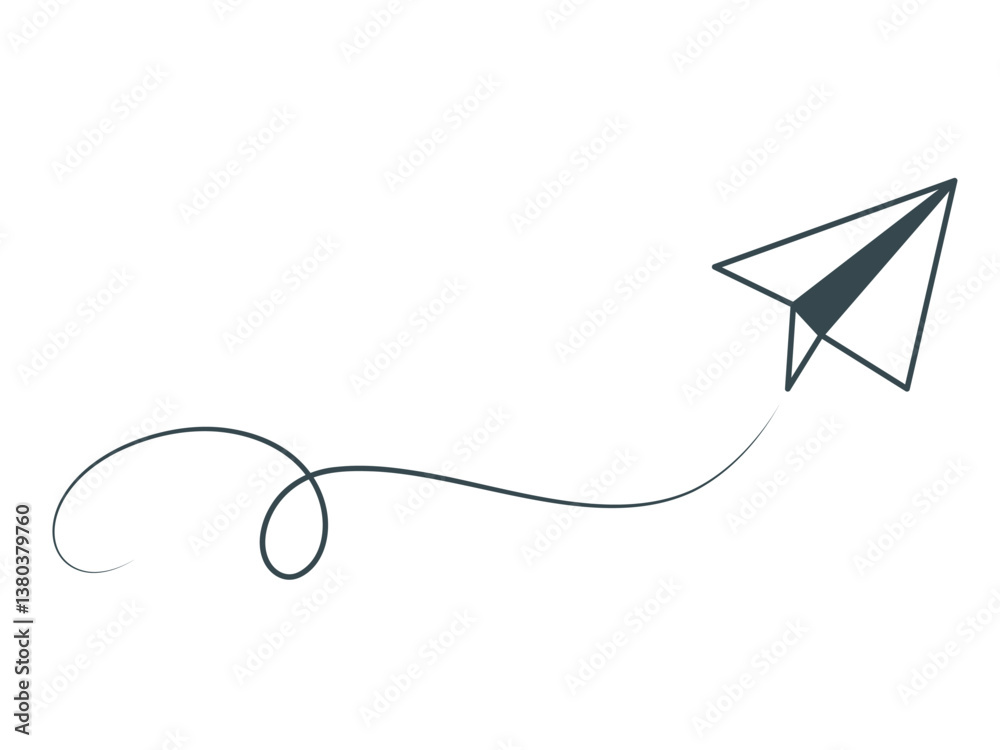 Paper airplane with trajectory motion doodle sketch style illustration. Black line icon of airplane in flight. Concept of sending and receiving mail, improving performance, development, moving up Paper airplane with trajectory motion doodle sketch style illustration. Black line icon of airplane in flight. Concept of sending and receiving mail, improving performance, development, moving up