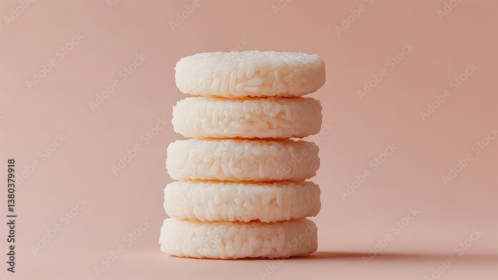 Stack of Round Rice Cakes on a Soft Pink Background Stack of Round Rice Cakes on a Soft Pink Background
