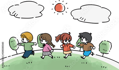 お友達と楽しく会話しながら外を走る子供たち