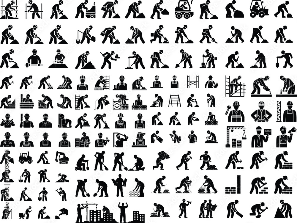 Naklejka premium Working Builders Silhouette | Hardworking Men at Construction Site Illustration Working Builders Silhouette | Construction Workers and Labor Vector Collection