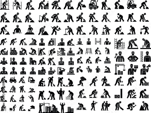 Working Builders Silhouette | Hardworking Men at Construction Site Illustration Working Builders Silhouette | Construction Workers and Labor Vector Collection