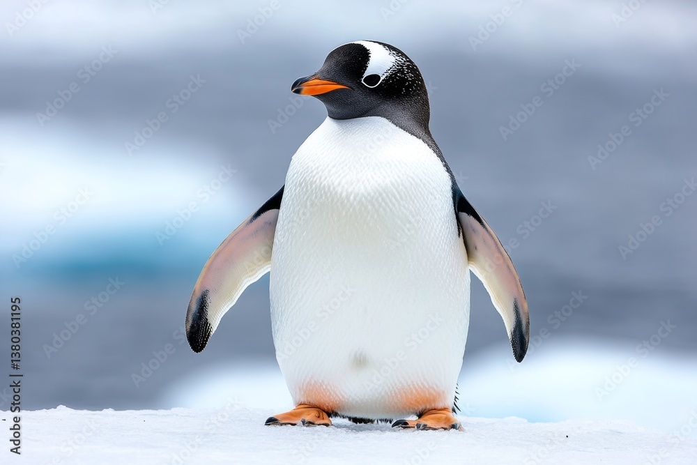 Fototapeta premium A penguin carefully preening its feathers with its beak, standing on a snowy iceberg