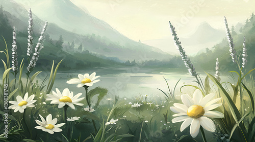 Watercolor Scene of Misty Wildflower Meadow at Dawn