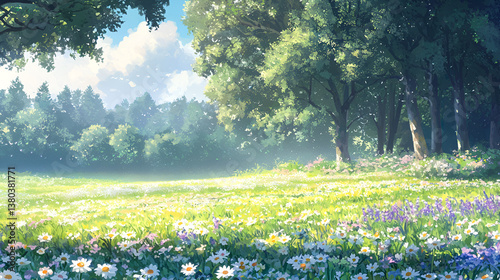Watercolor Scene of Misty Wildflower Meadow at Dawn