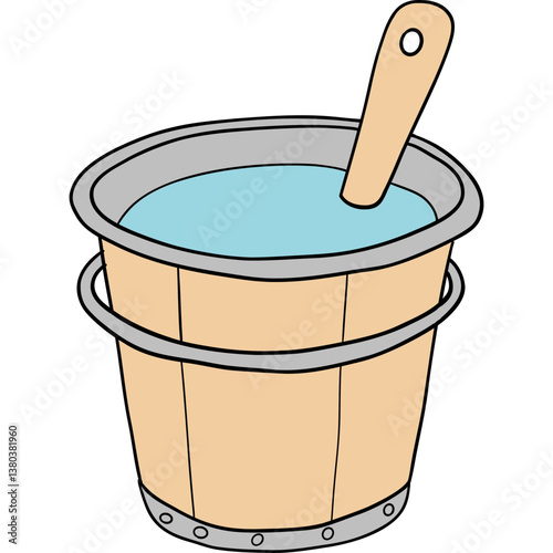 Farm theme, Wooden bucket filled with blue water and a wooden spoon.