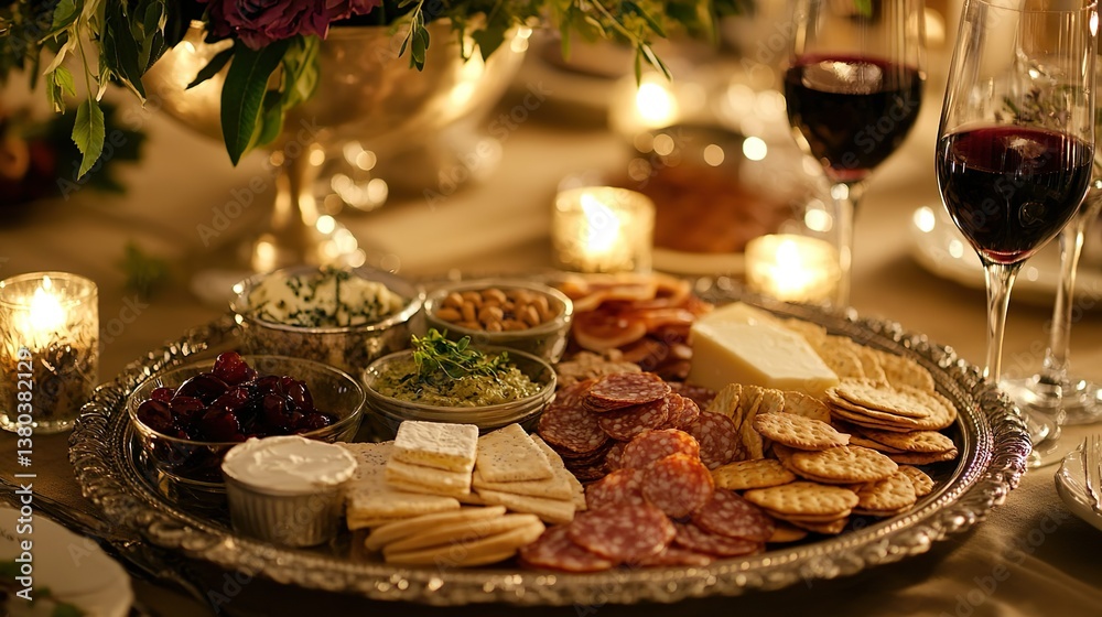 Holiday charcuterie board with assorted meats, cheeses, and red wine