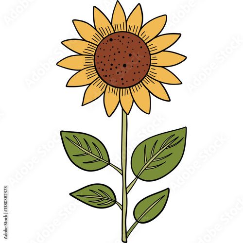 Farm theme, Bright sunflower illustration with vibrant petals and green leaves.