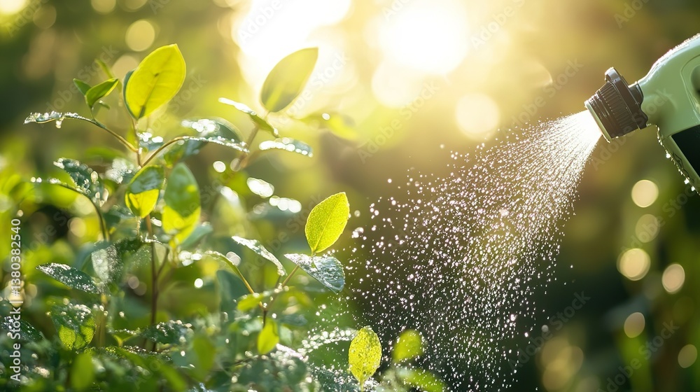 Fototapeta premium Watering green plants in garden with sunlight