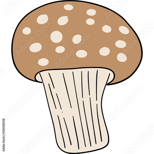Farm theme, A cartoon-style mushroom with a brown cap and white stem, featuring white spots.