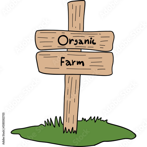 Farm theme, Wooden signpost indicating an organic farm in a grassy area.