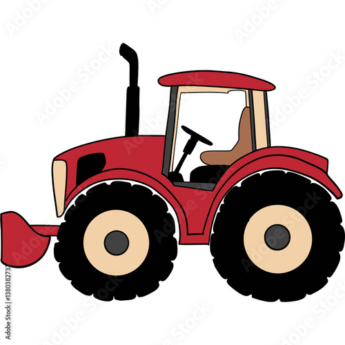 Farm theme, Red tractor illustration with large wheels and a shovel attachment.
