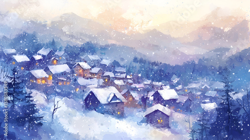 Watercolor Scene of Snow-Covered Village in Winter