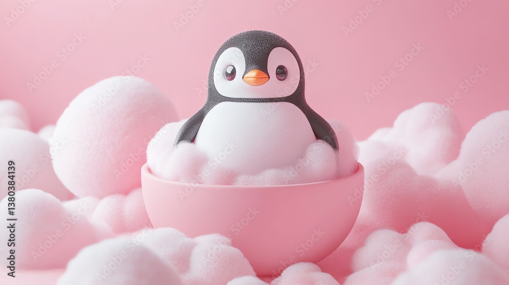 Obraz premium Adorable Penguin in a Pink Bubble Bath: A Cute 3D Render