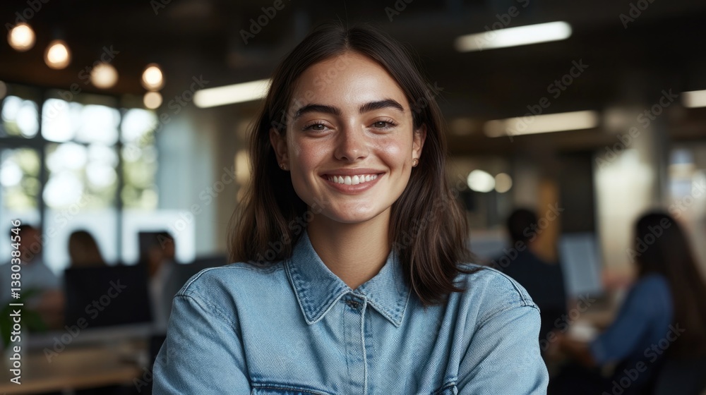 Confident woman smiling in modern workspace, showcasing positive Confident woman smiling in modern workspace, showcasing positive