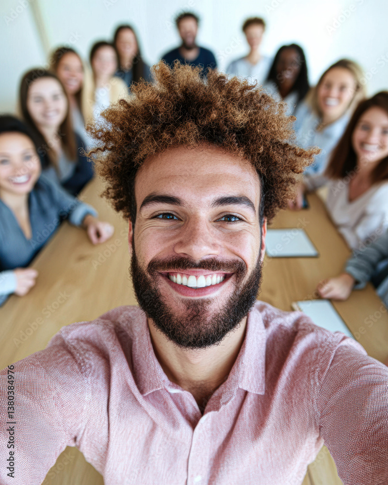 Fototapeta premium A diverse group of people smiling together in a casual meeting setting.
