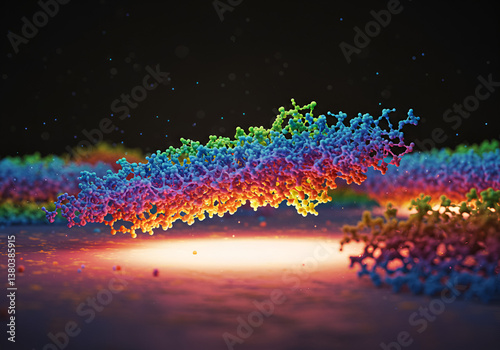 Microscopic Self-Assembling Materials, Glowing Surface Micrograph, Nanotechnology Illustration, Scientific Research Graphic, Molecular Structure Concept
