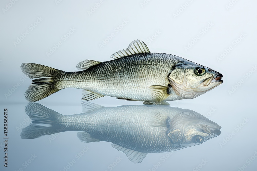 Fototapeta premium A silvery fish with dark scales is presented with reflection