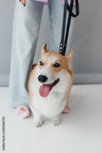 A happy Corgi enjoys quality time at home with its casually dressed owner. Their playful bond showcases joy and companionship, creating a perfect moment filled with energy and love