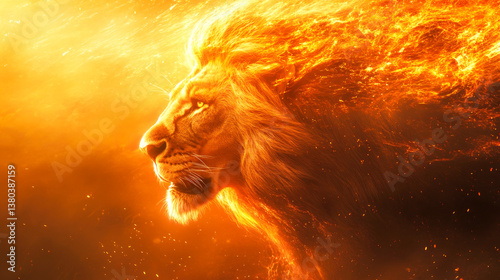 Majestic lion head profile with fire mane digital art for animal lovers