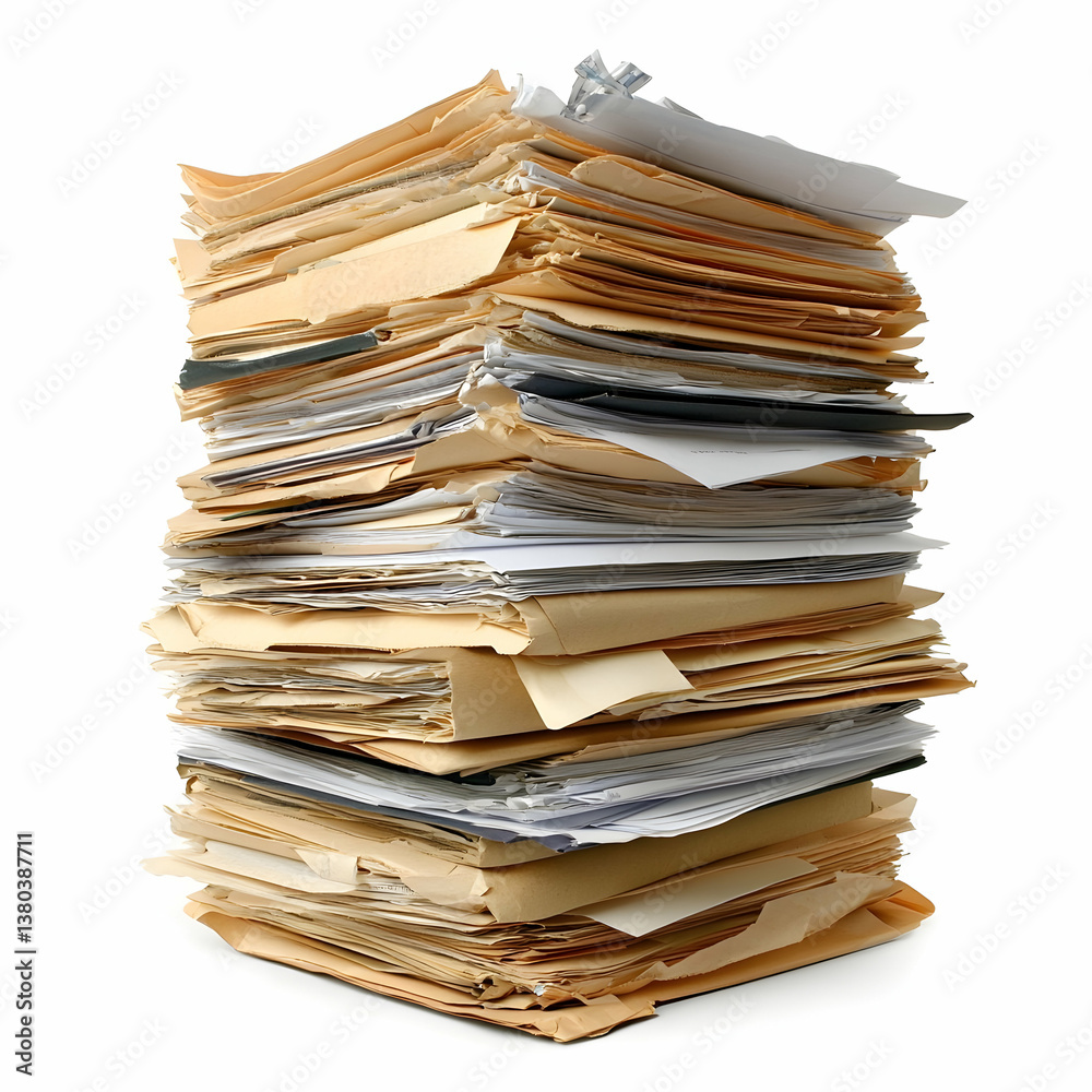 Stack of files, office paperwork, documents, busy work, background white Stack of files, office paperwork, documents, busy work, background white