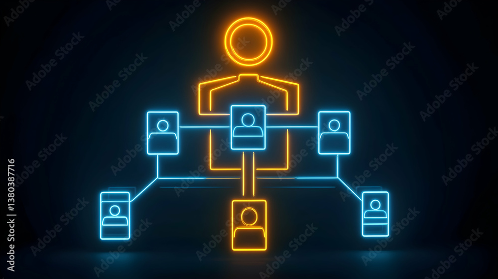 Glowing neon hierarchical structure with central figure and connected nodes Glowing neon hierarchical structure with central figure and connected nodes