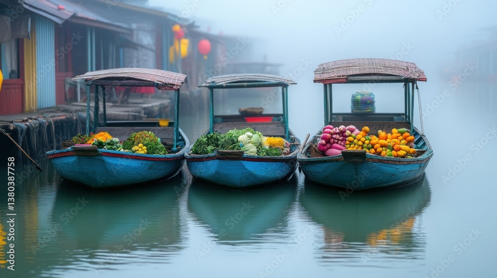 Three boats loaded with fresh fruits and vegetables float on water Three boats loaded with fresh fruits and vegetables float on water