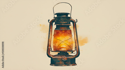 Premium Watercolor Vintage Lantern with Warm Glow