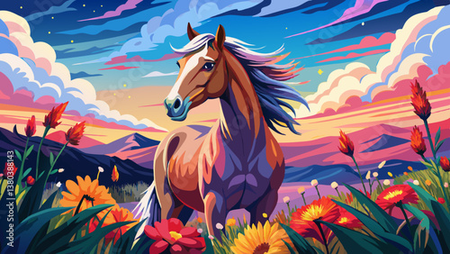 Under the painted sky, a majestic mustang mare stands tall among a sea of vibrant flowers, embodying the raw beauty and freedom of nature