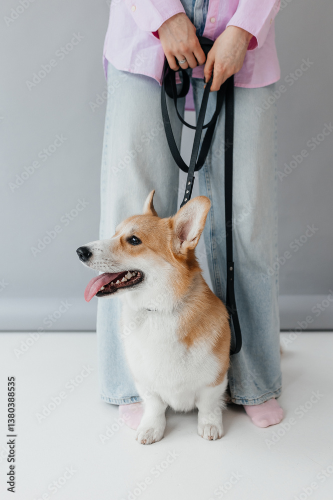An adorable Corgi dog is joyfully posing with its owner, both dressed in casual attire, all beautifully captured in a studio setting, perfect for petthemed photography that showcases their bond