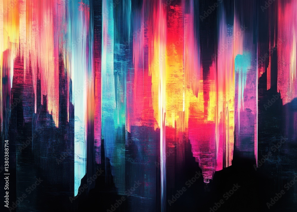 Naklejka premium Abstract digital art background with glitch texture in mint pink black neon colors, futuristic cyberpunk design with distortion effects