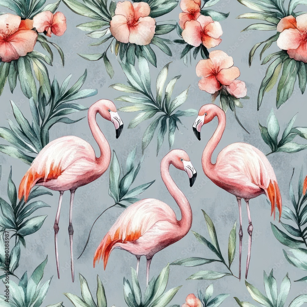 Naklejka premium Watercolor Flamingo Tropical Pattern with Leaves and Flowers in Soft Pastel Colors for Fabric and Wallpaper Design
