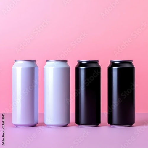 Minimalist product photography of four aluminum beverage cans in black and white on pastel pink and lavender background with soft studio lighting