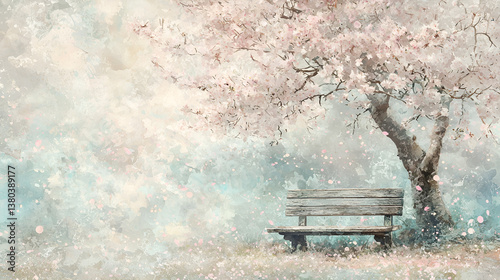 Watercolor Scene of Rustic Bench Under Cherry Blossom Tree