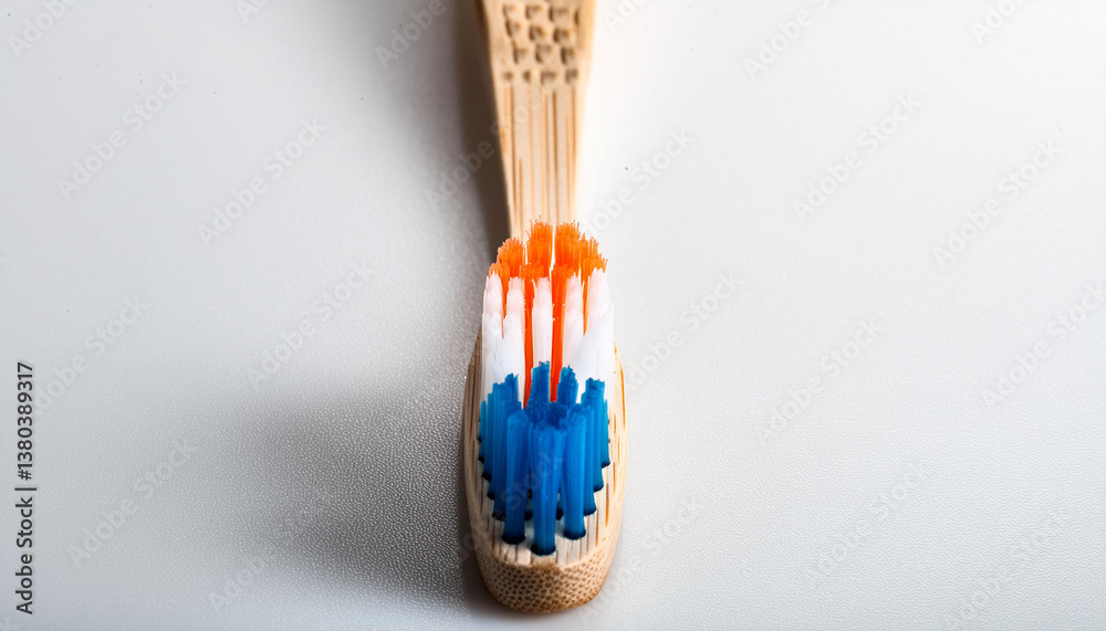 Bamboo toothbrush with colorful bristles. Eco-friendly oral care product, hygiene, personal care