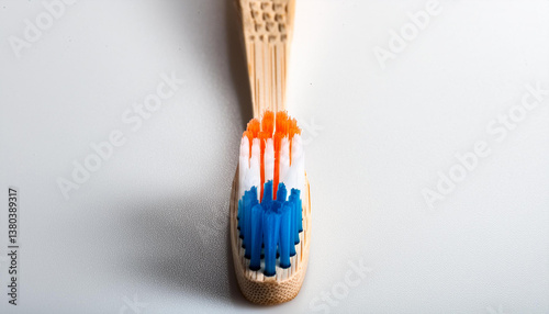 Obraz na płótnie Bamboo toothbrush with colorful bristles. Eco-friendly oral care product, hygiene, personal care w salonie